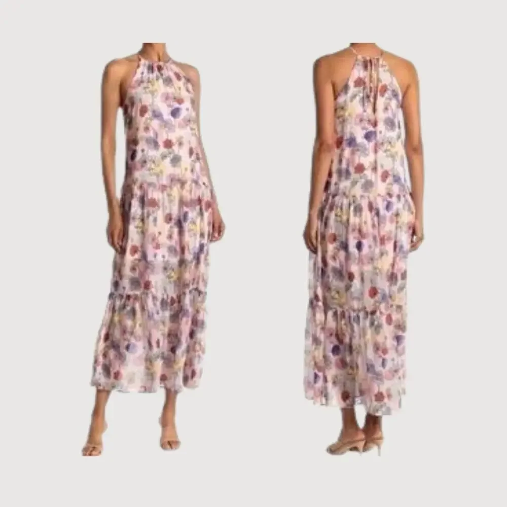 NSR Sofia Tiered Floral Maxi Dress M Blush Pastel Halter Cottagecore Spring - Picture 7 of 7